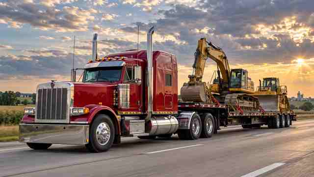 Classic red tractor hauling an excavator on a flatbed